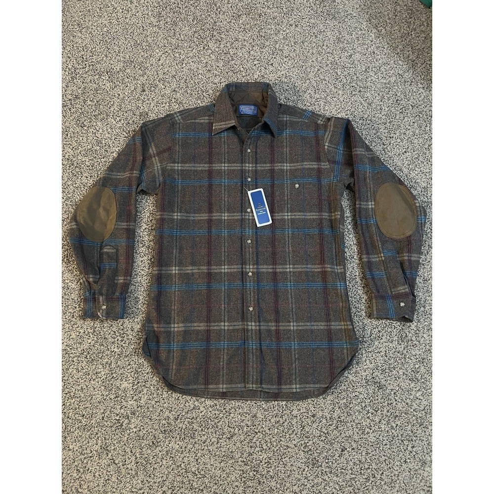 Pendelton Wool Trail Shirt Brown Plaid Elbow Patches Men's Medium USA Made